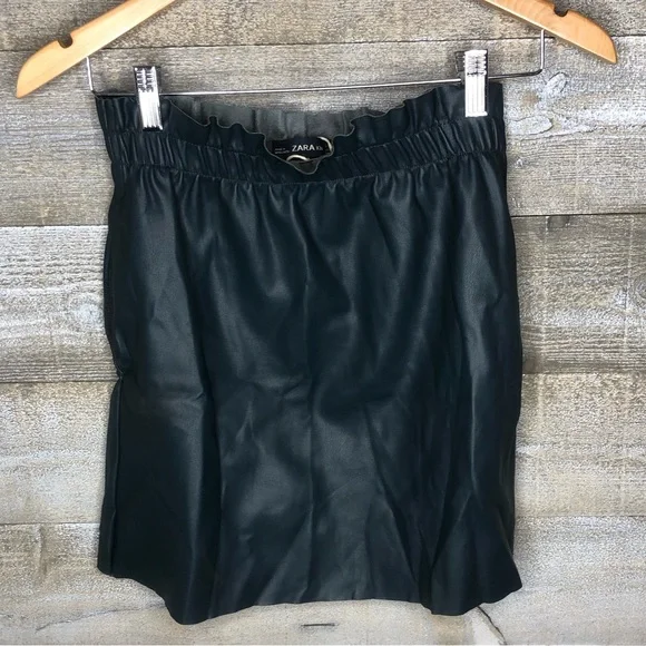 Zara knit dark blue faux leather paperbag high waist midi skirt with pockets - Picture 2 of 5